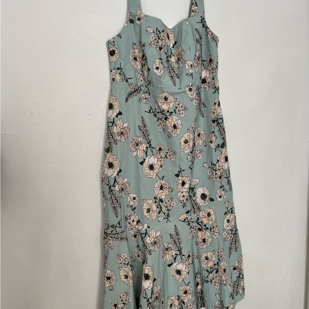 Anthropologie Mint Green Floral Dress with Cream and Black Accents